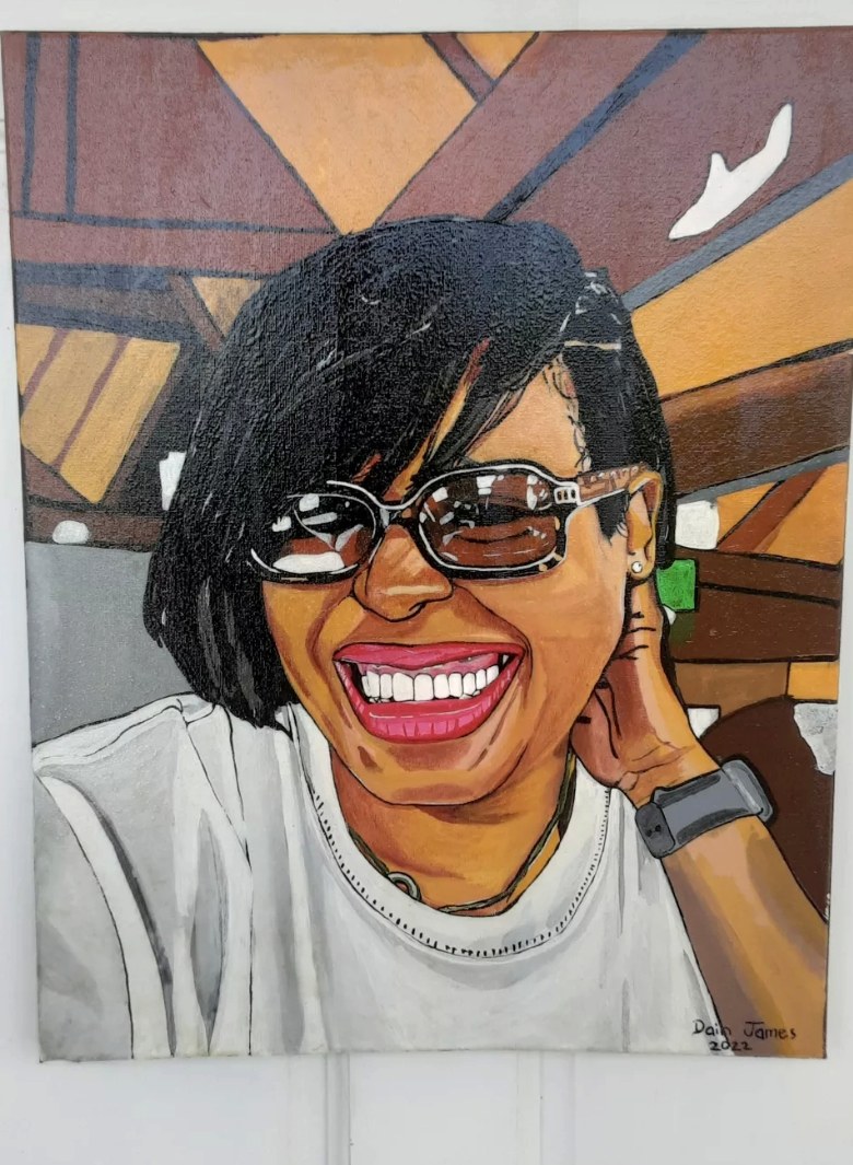 Portrait painting of a smiling woman with sunglasses by Dain James