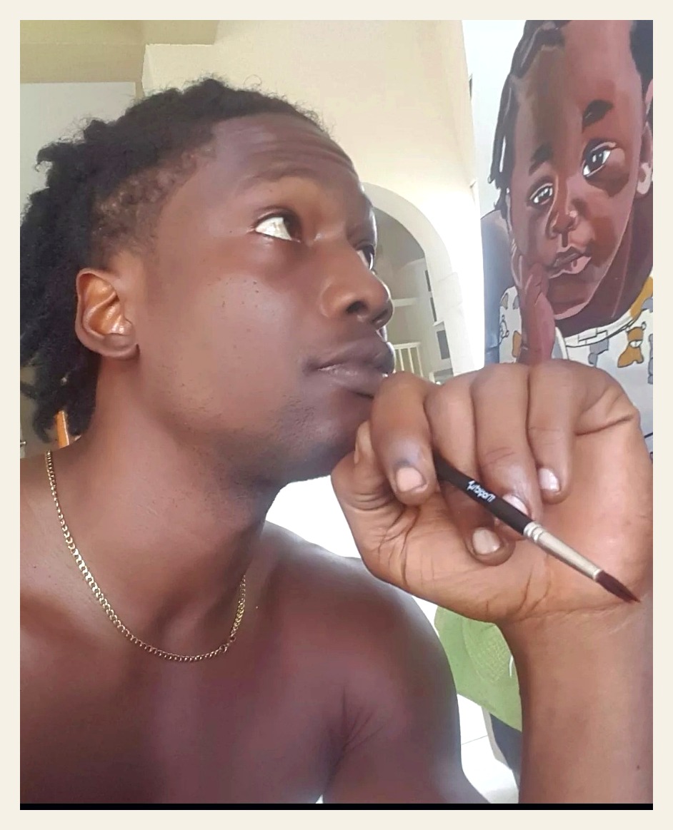 Grenadian artist Dain James painting a child portrait in his studio