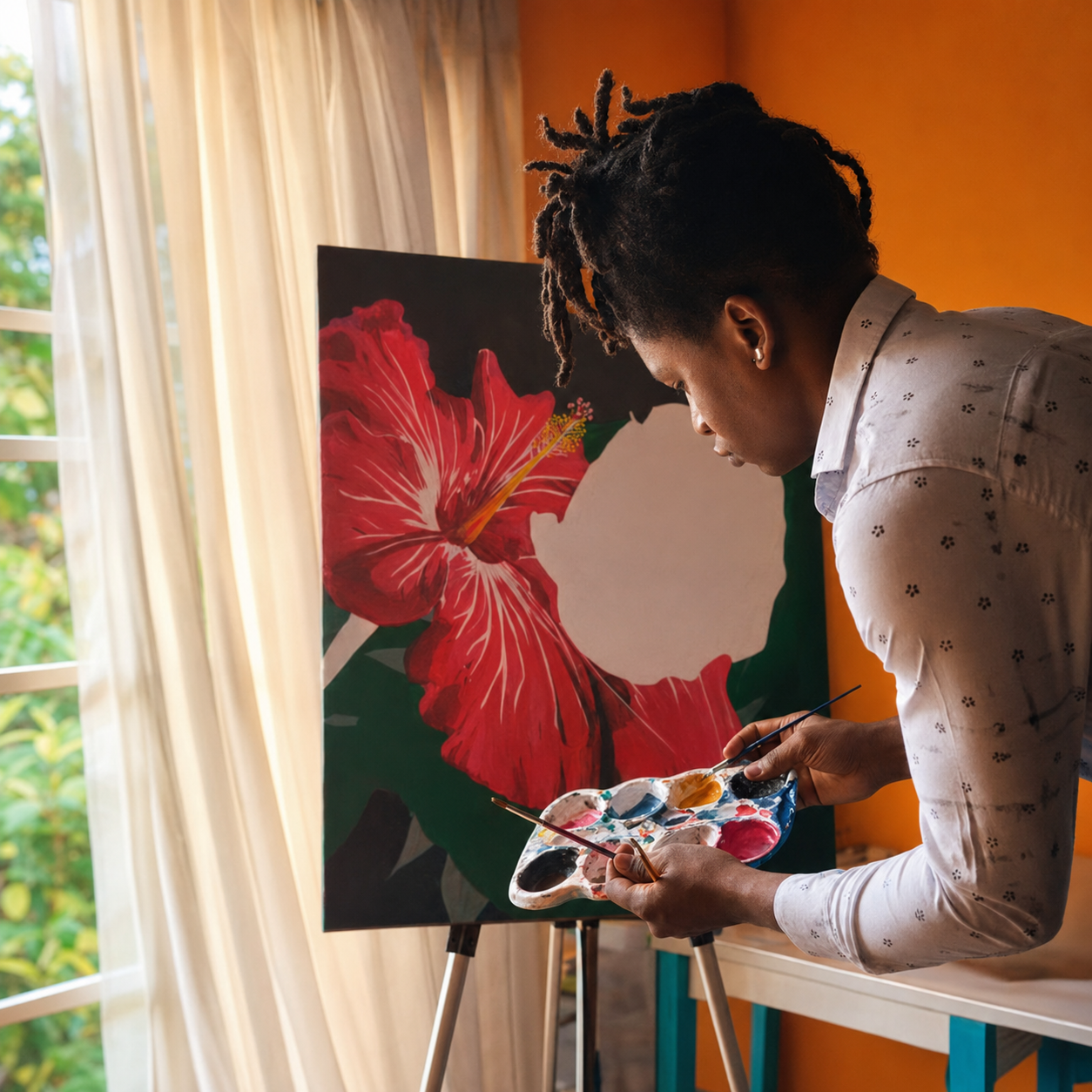 A hand painting a vivid red hibiscus on canvas — a Cocoa & Canvas painting session
